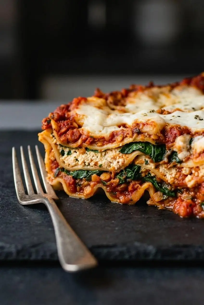Cross-section of a rested vegan lasagna slice showing firm noodle layers, lentil marinara, and creamy tofu ricotta.