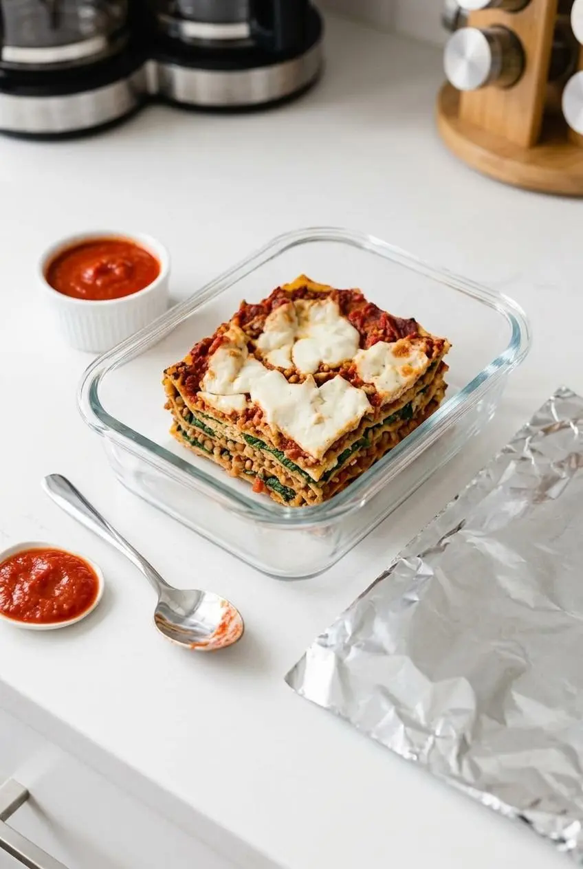 Leftover square of vegan lasagna stored in a glass container with a ramekin of extra marinara sauce for reheating.