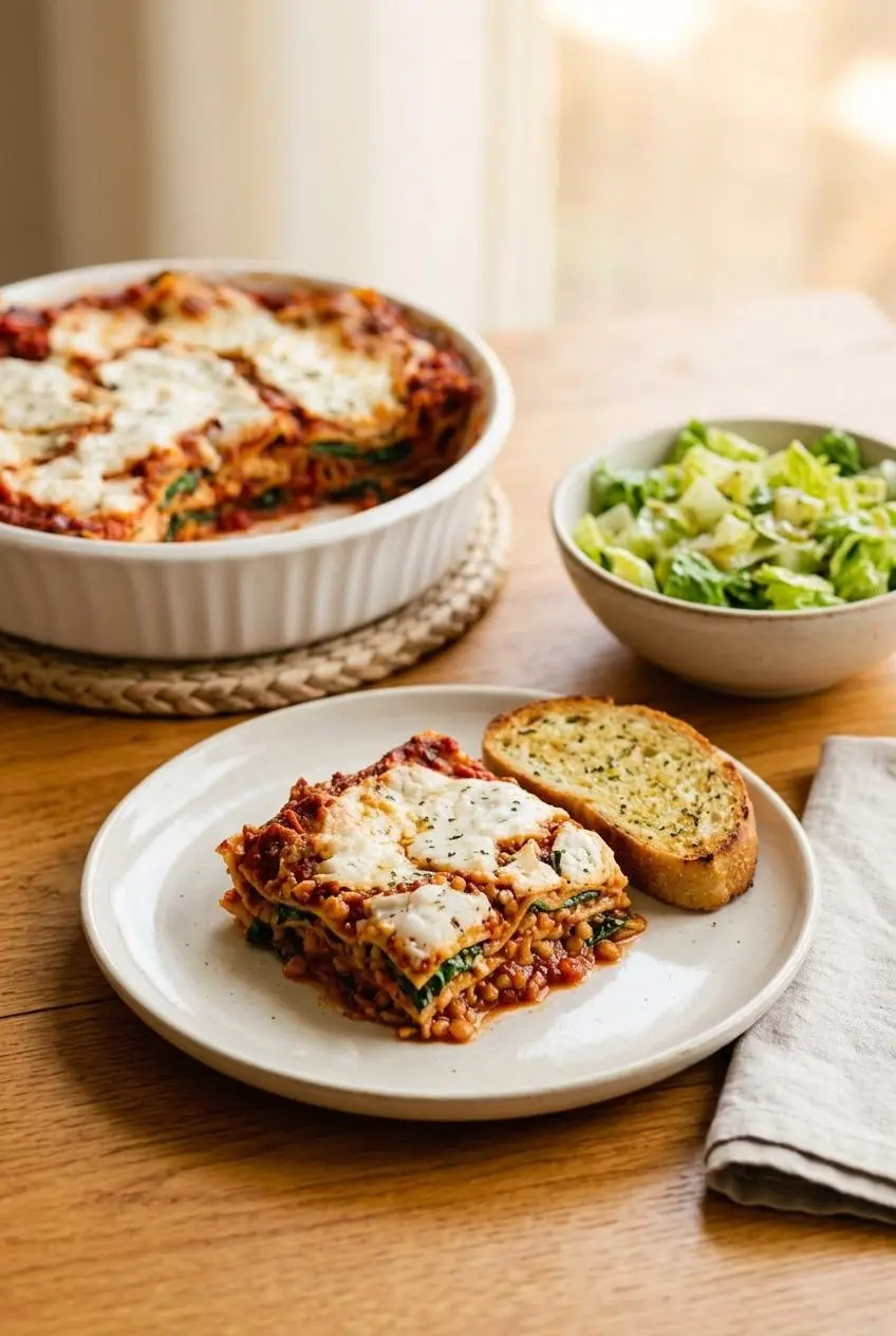 Plated square of vegan lasagna served with toasted garlic bread and a side green salad on a rustic dining table.