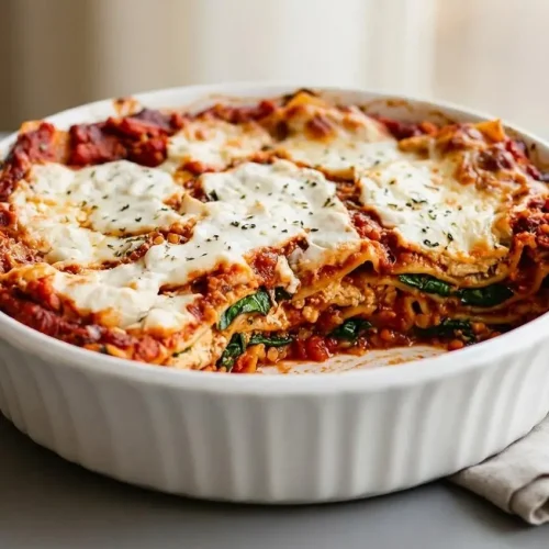 Freshly baked vegan lasagna recipe with a golden bubbly mozzarella crust, tender pasta, and rich lentil marinara layers.