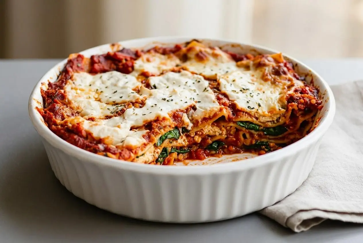 Freshly baked vegan lasagna recipe with a golden bubbly mozzarella crust, tender pasta, and rich lentil marinara layers.
