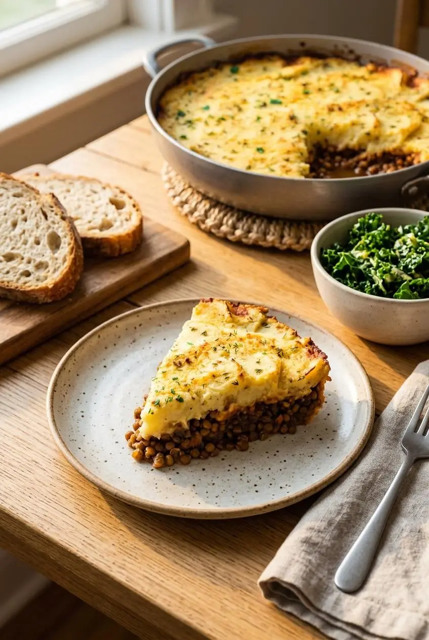 Slice of vegan shepherd's pie served with winter kale salad and crusty sourdough bread.