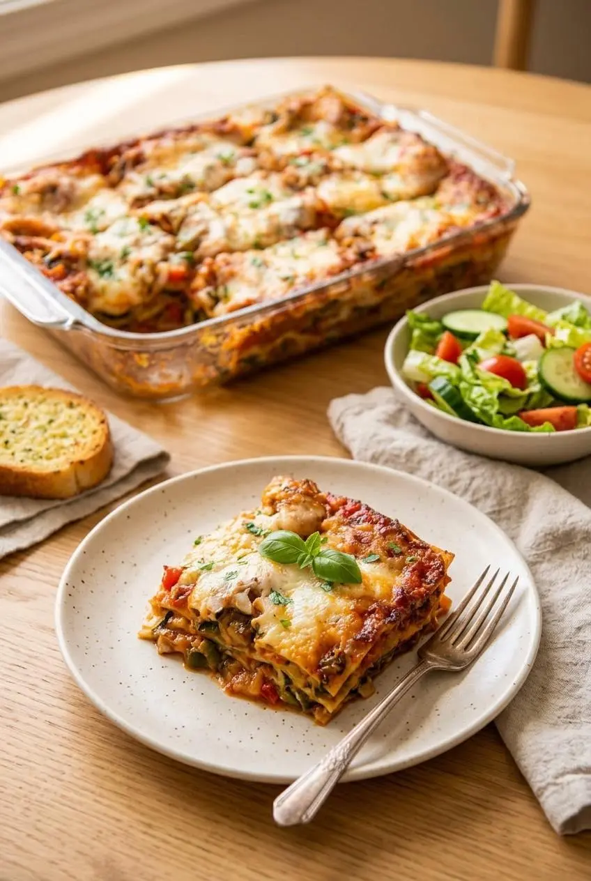 Plated slice of vegetable lasagna garnished with basil, served with a crisp garden salad and toasted garlic bread.