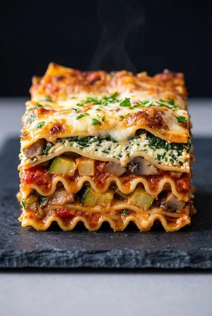 Clean cross-section slice of vegetable lasagna showing firm pasta layers, ricotta, zucchini, and bubbly browned cheese.