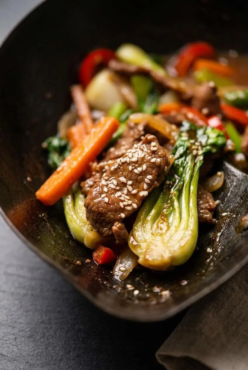 Close-up texture of seared velveted flank steak slices coated in savory dark amber sauce.