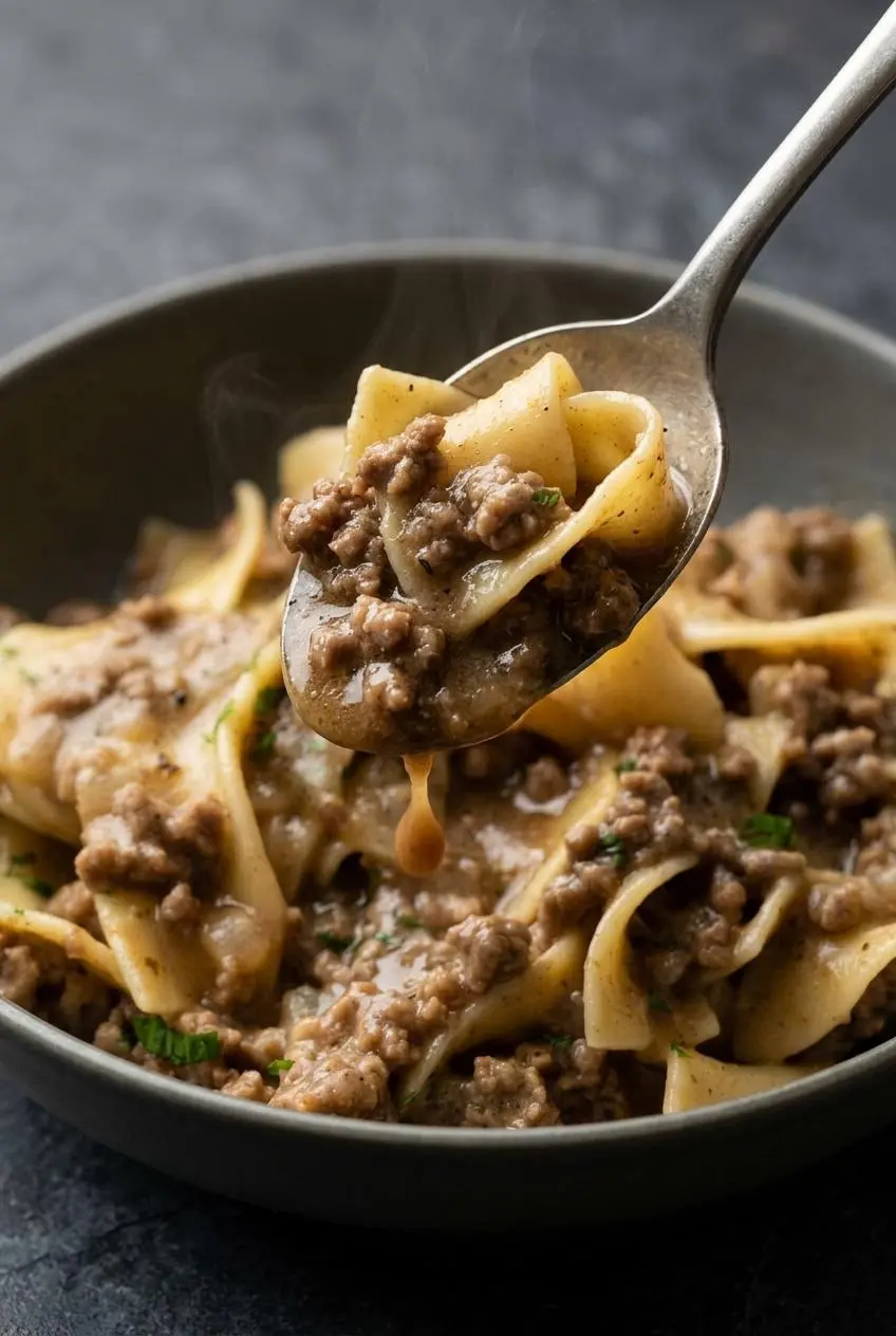 Spoon lifting broad egg noodles coated in thick velvety beef pan gravy.