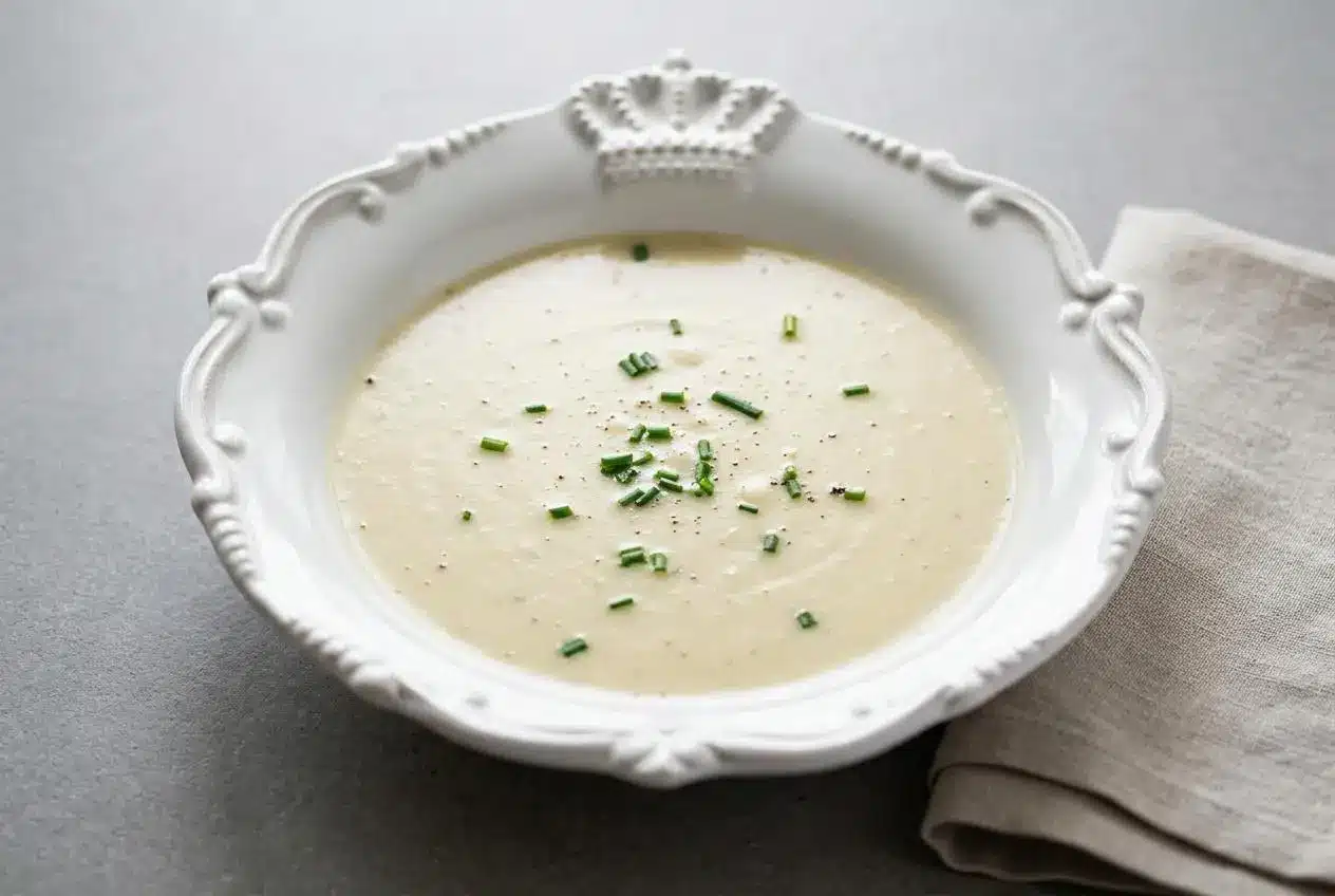 Chilled vichyssoise soup in a ceramic bowl garnished with fresh minced chives and a glossy cream finish.