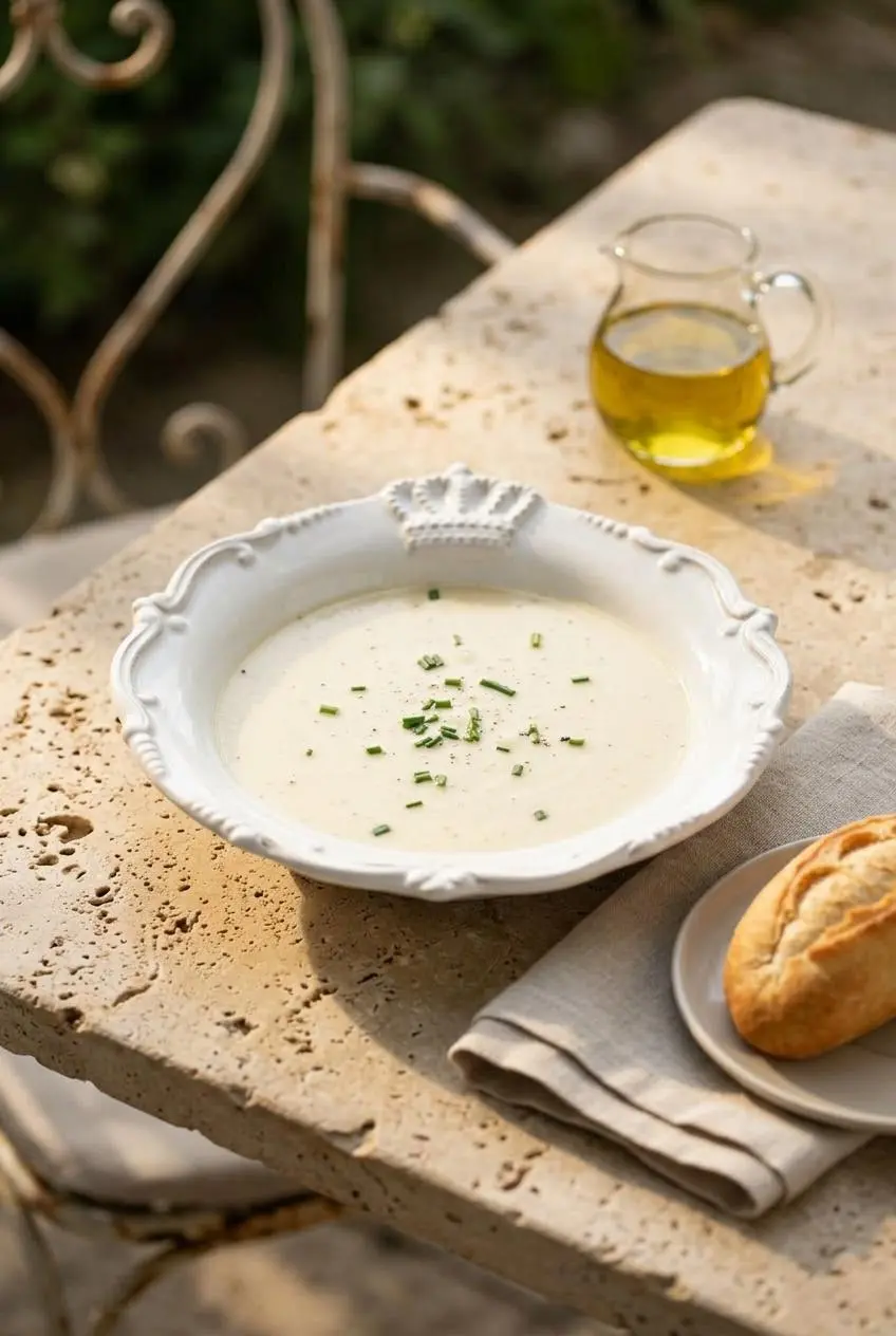 Chilled vichyssoise soup garnished with chive oil on a bistro table alongside crusty French baguette.