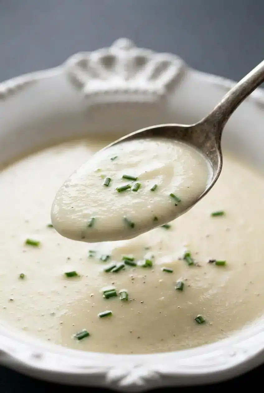 Velvety vichyssoise soup coating the back of a silver spoon in a smooth, lump-free nappe layer.