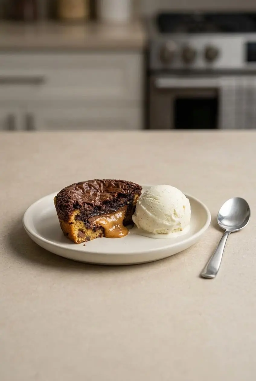 Warmed peanut butter cup brookie broken open next to a scoop of melting vanilla bean ice cream on a dessert plate.