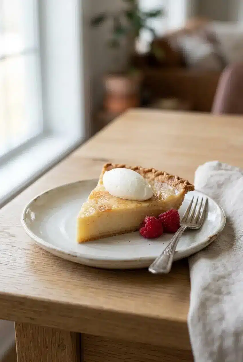 Chilled wedge of water pie topped with whipped cream and fresh raspberries on a dessert plate