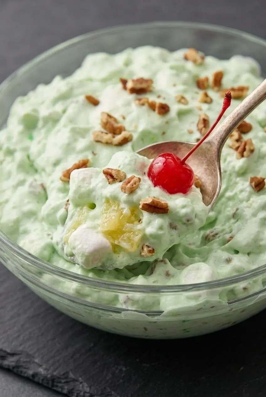 Silver spoon scooping fluffy mint-green watergate salad with crushed pineapple, marshmallows, and pecans.