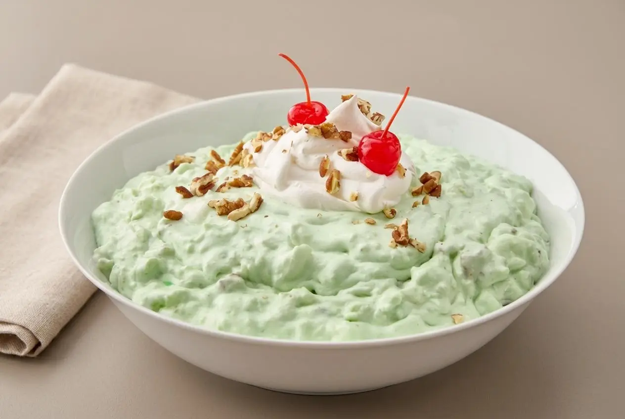Chilled watergate salad recipe served in a glass bowl with creamy pale green fluff and chopped pecans.