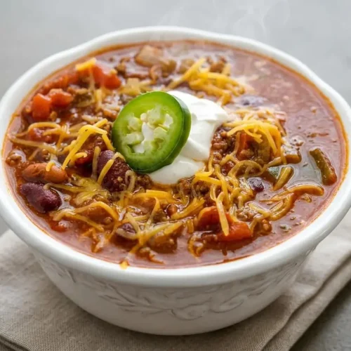 Wendy's chili recipe with tender ground beef, red kidney beans, and pinto beans in a thick brick-red broth.