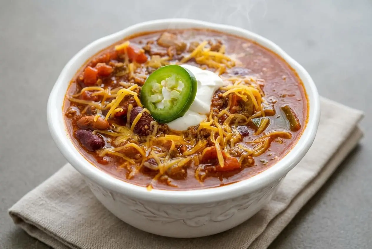 Wendy's chili recipe with tender ground beef, red kidney beans, and pinto beans in a thick brick-red broth.