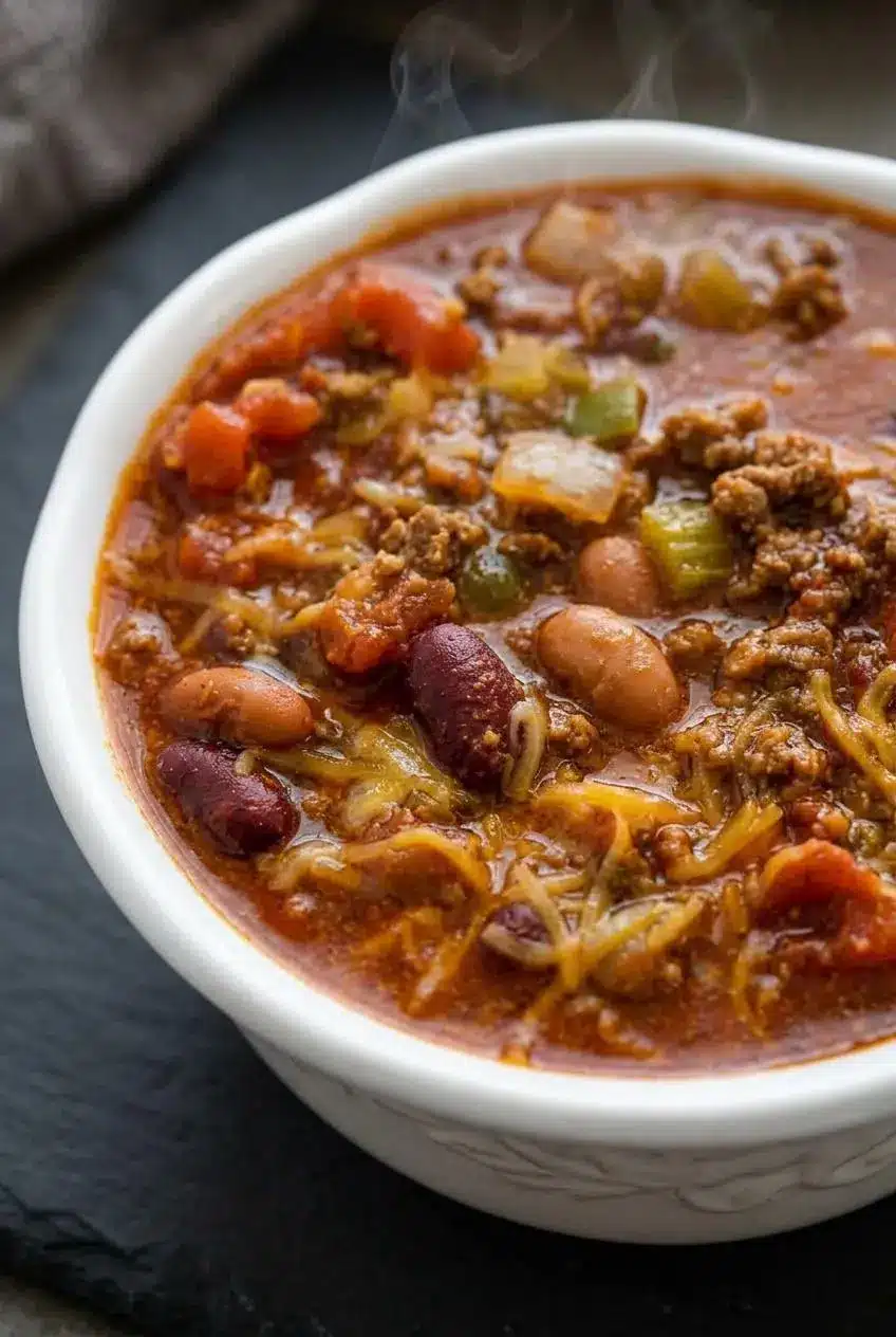 Close-up texture of simmered chili showing tender ground beef crumbles, soft pinto beans, and glossy kidney beans.
