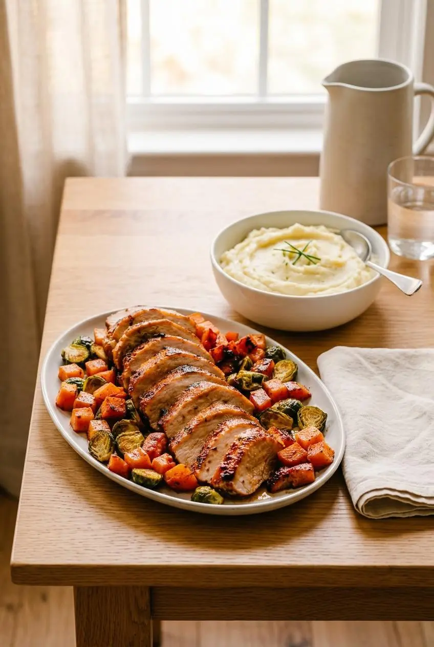 Carved roast pork loin platter served with roasted Brussels sprouts, squash, and garlic mashed potatoes.