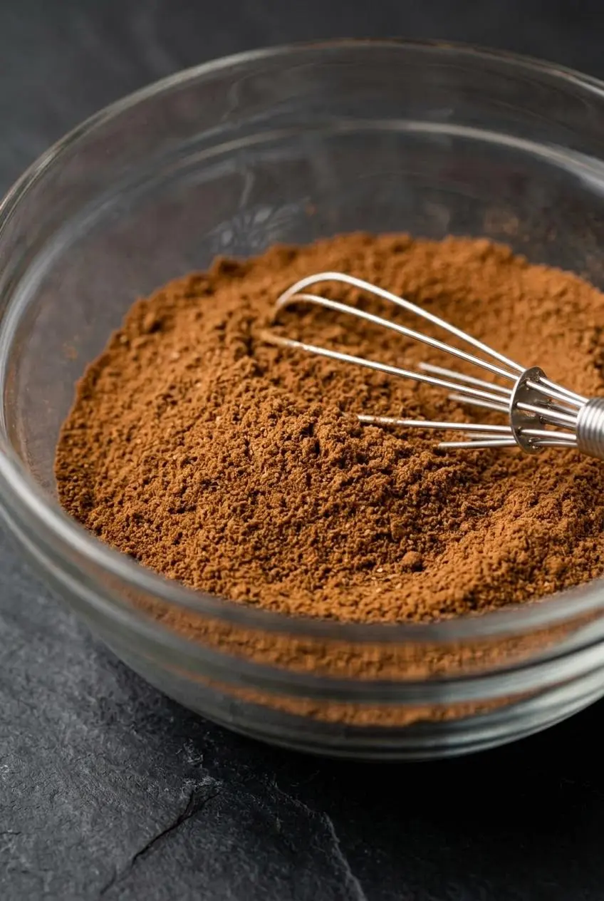 Finely sifted pumpkin spice powder with subtle pale flecks in a glass bowl beside a mini wire whisk.