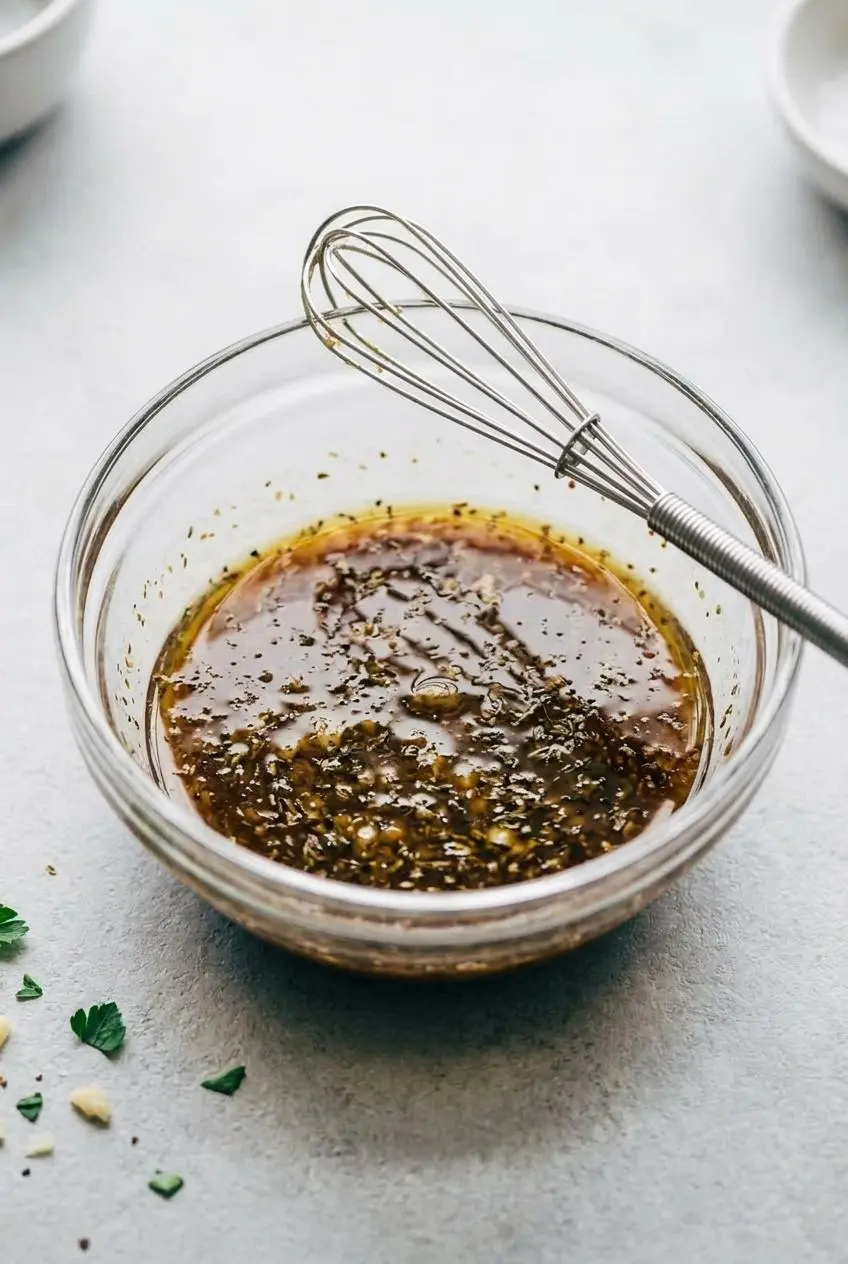 Whisked steak marinade in a glass bowl with olive oil, soy sauce, garlic, and herbs.