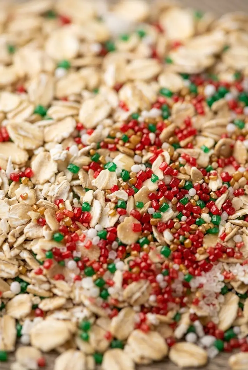 Close-up of raw rolled oats mixed with sparkling red and green coarse sanding sugar on slate.