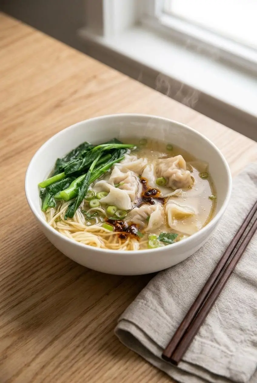 Cantonese combination wonton noodle soup bowl with thin egg noodles, blanched baby bok choy, and chili crisp.