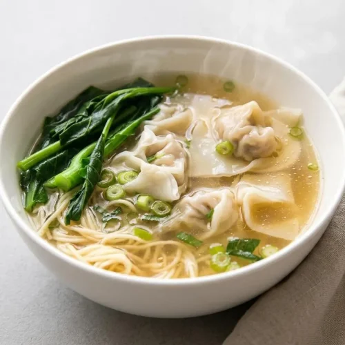 Tender pork and shrimp dumplings in clear golden broth with sliced scallions for this wonton soup recipe.