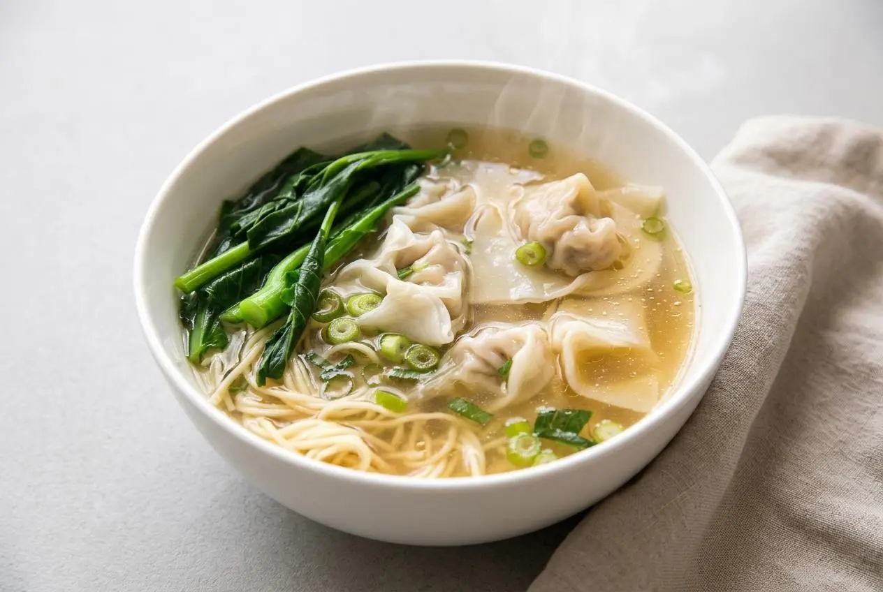 Tender pork and shrimp dumplings in clear golden broth with sliced scallions for this wonton soup recipe.