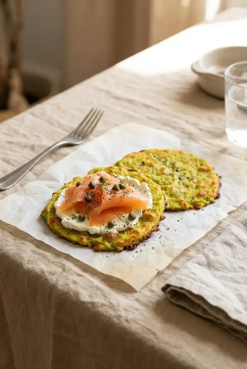 Golden 3 ingredient avocado bread round topped with cream cheese, smoked salmon, and capers next to a plain round.