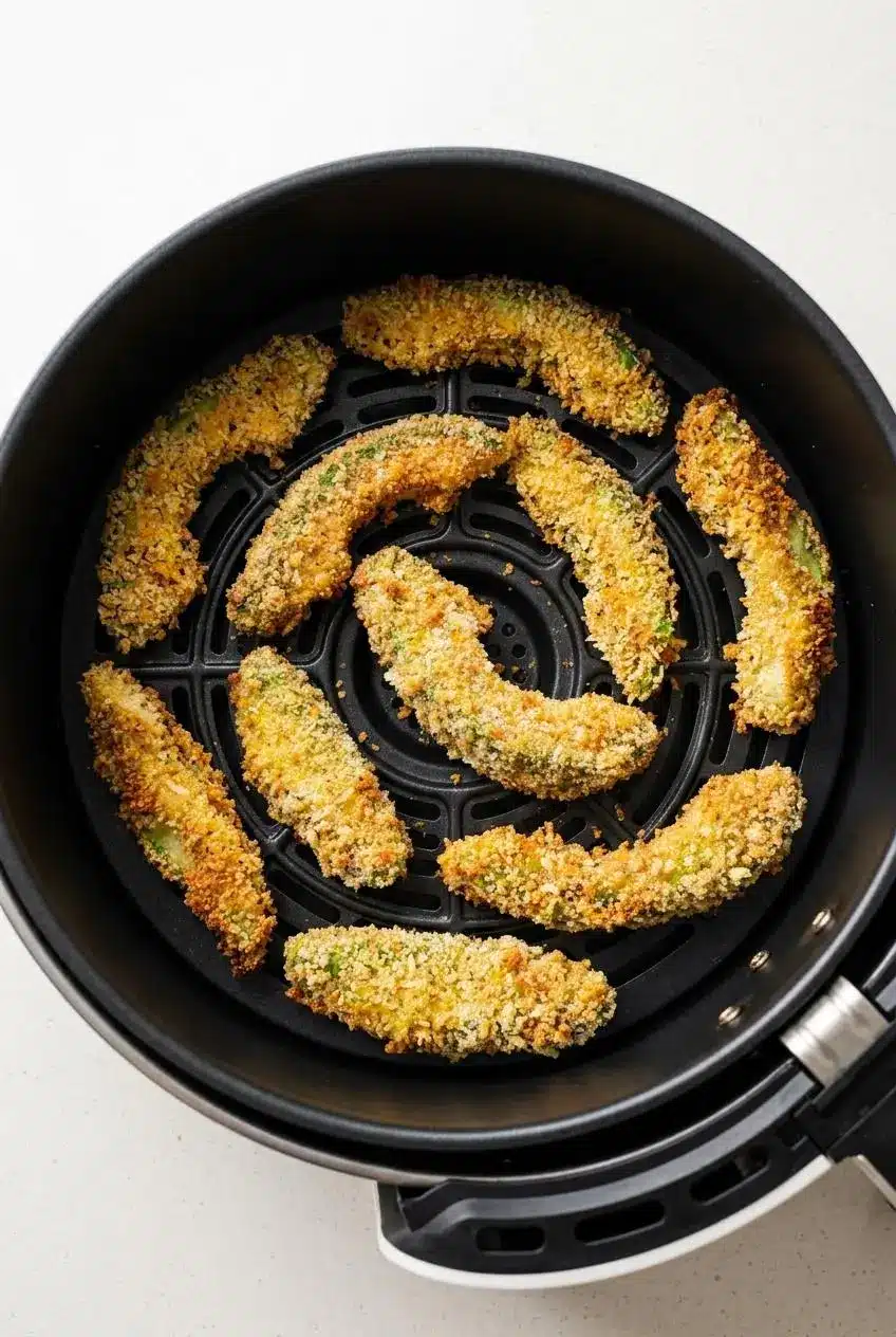 Overhead view of breaded avocado fries arranged in a single uncrowded layer inside a black air fryer basket