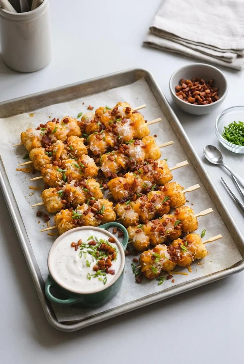 Baked golden tater tots threaded four per wooden skewer and lined up closely on a parchment-lined sheet pan next to chopped bacon