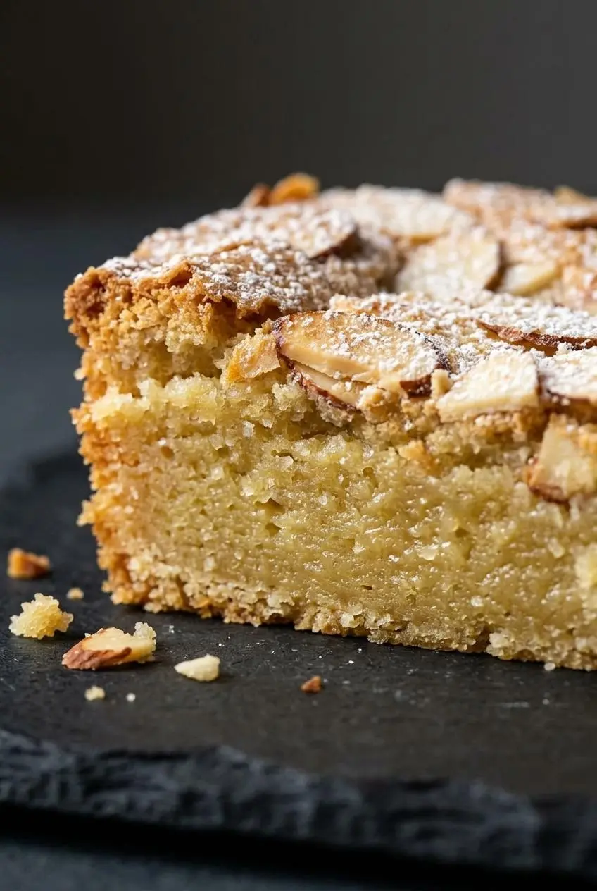 Close-up of a freshly cut almond bar showing the dense chewy crumb and toasted sliced almond crust