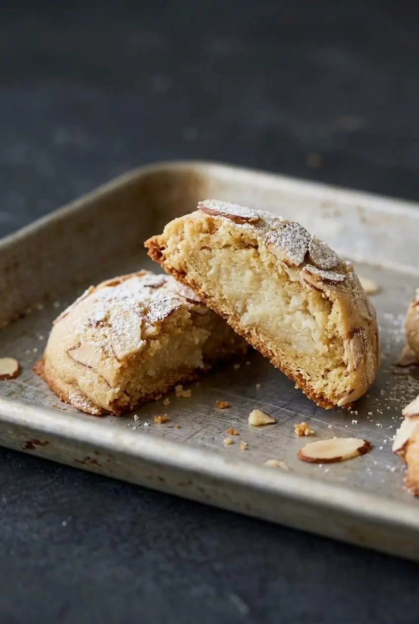 Baked almond croissant cookie broken in half showing the fudgy frangipane center and golden buttery crumb.