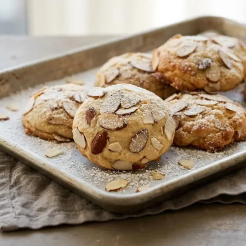 Thick almond croissant cookies with crisp golden edges, toasted sliced almonds, and a dusting of powdered sugar.