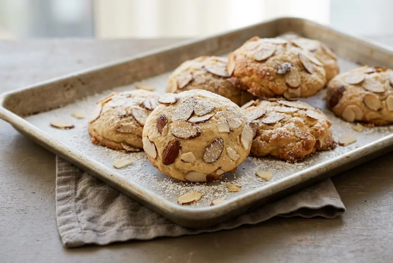 Thick almond croissant cookies with crisp golden edges, toasted sliced almonds, and a dusting of powdered sugar.