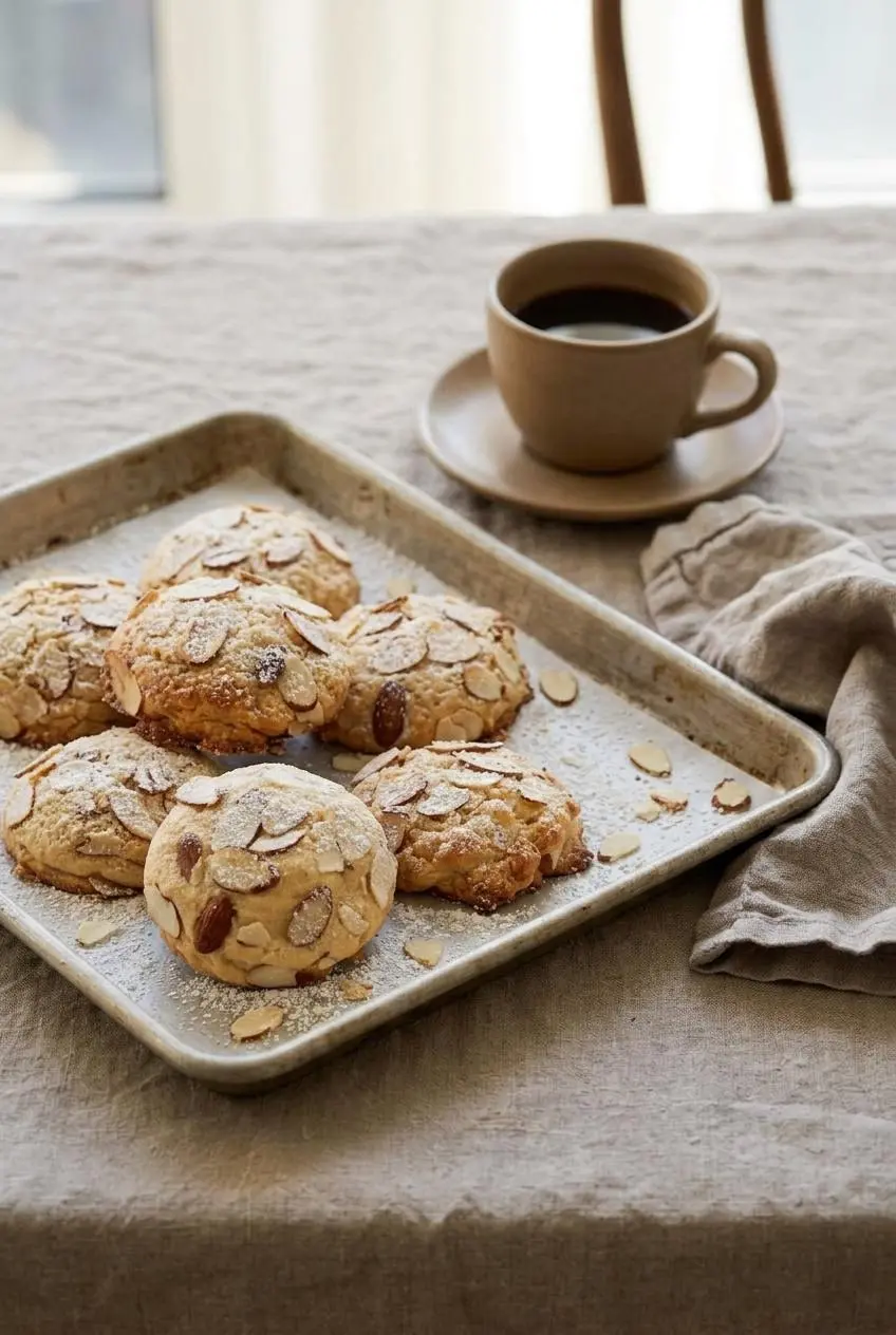Almond croissant cookies dusted with powdered sugar served on a linen table next to a cup of espresso.