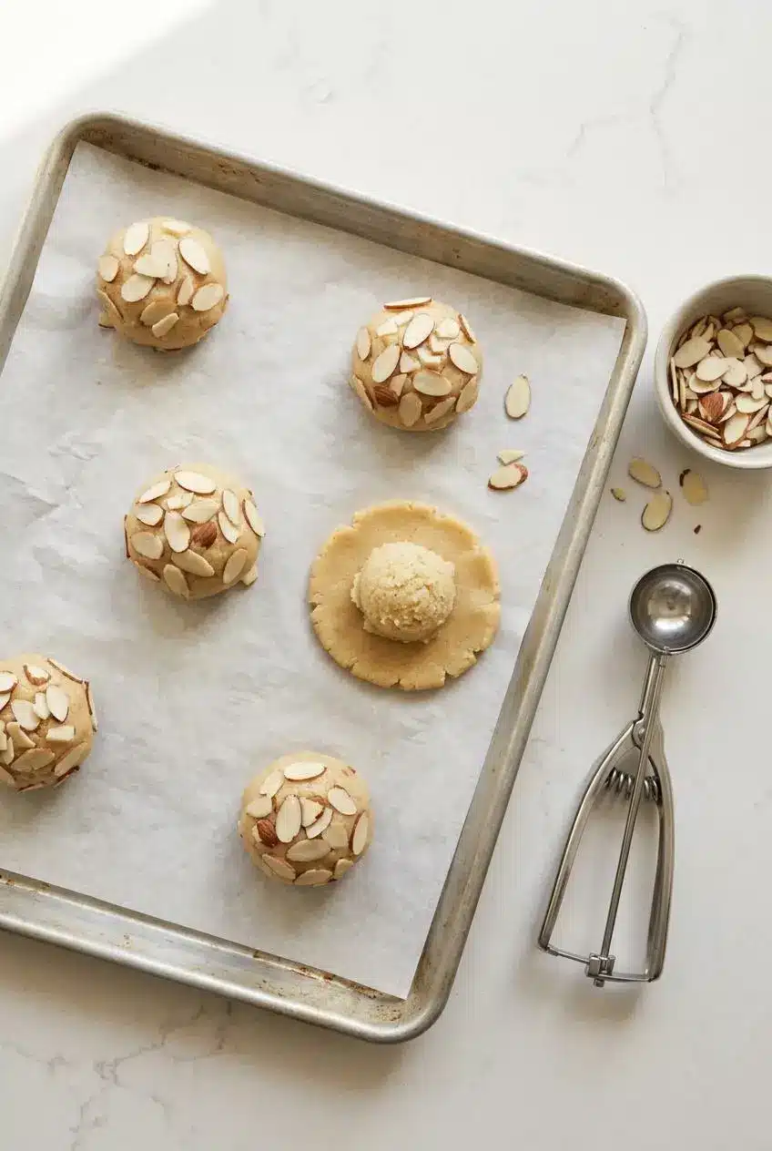 Flattened cookie dough disc with a scoop of chilled frangipane filling next to sealed almond-topped dough balls.
