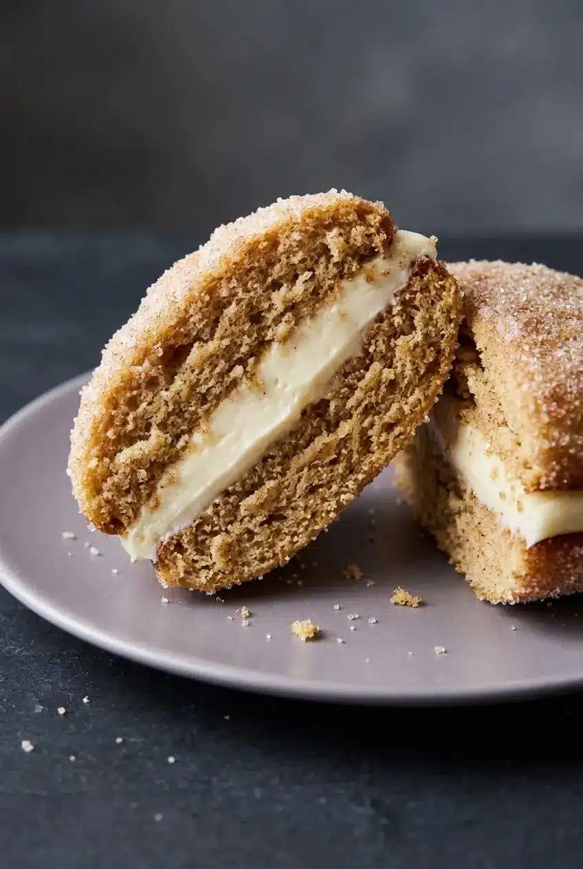 Close-up of a halved spiced whoopie pie showing tender cake crumb, cinnamon sugar crust, and smooth cream cheese filling.