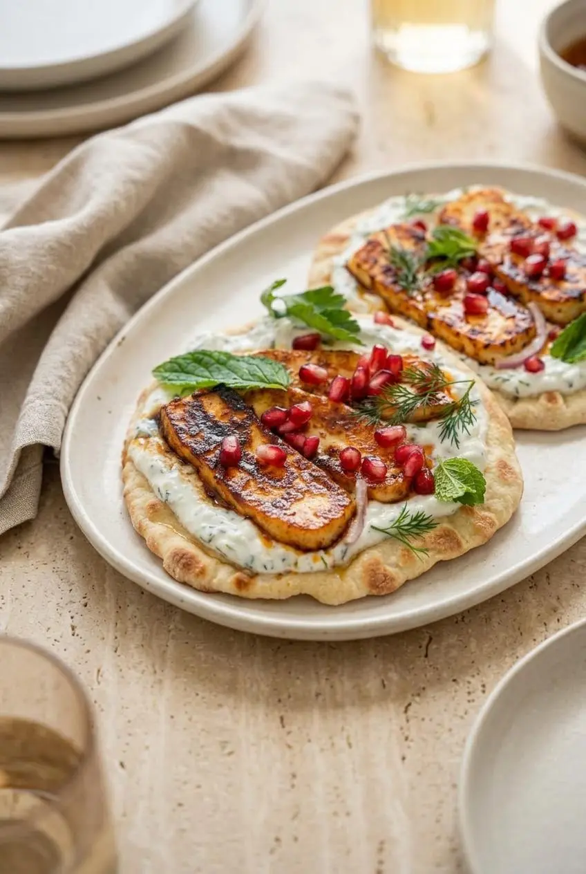 Assembled hot honey halloumi flatbreads served on a ceramic platter with red onion and fresh dill.