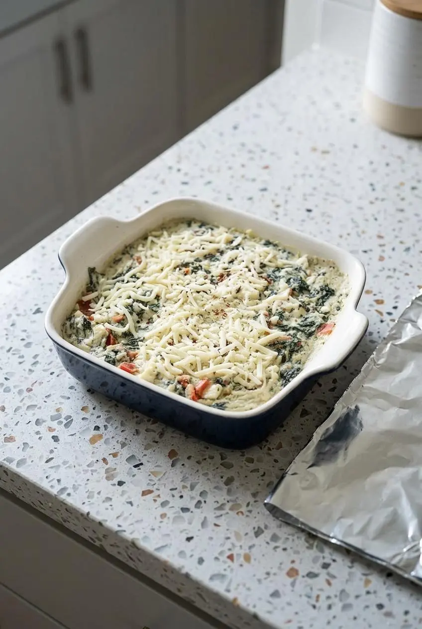 Unbaked spanakopita dip topped with shredded mozzarella in a baking dish before going into the oven