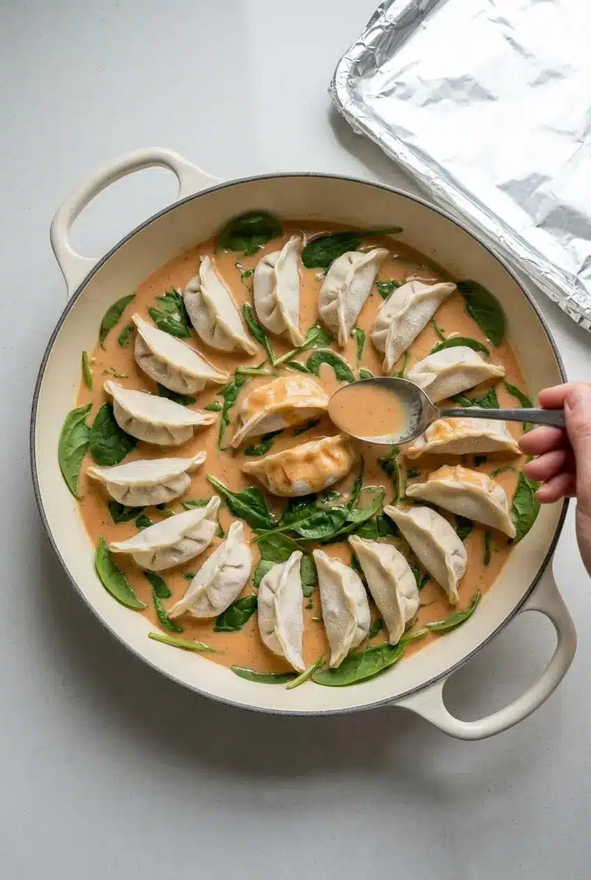 Frozen gyoza arranged pinched-side down over spinach in coconut curry broth, with a spoon basting liquid over the tops.