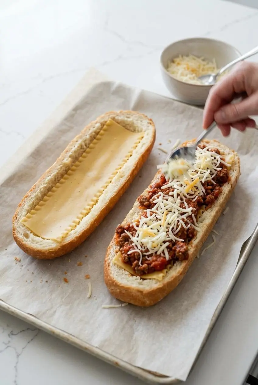 Hollowed French bread boats on a parchment-lined baking sheet being layered with lasagna noodles, beef sauce, and cheese.