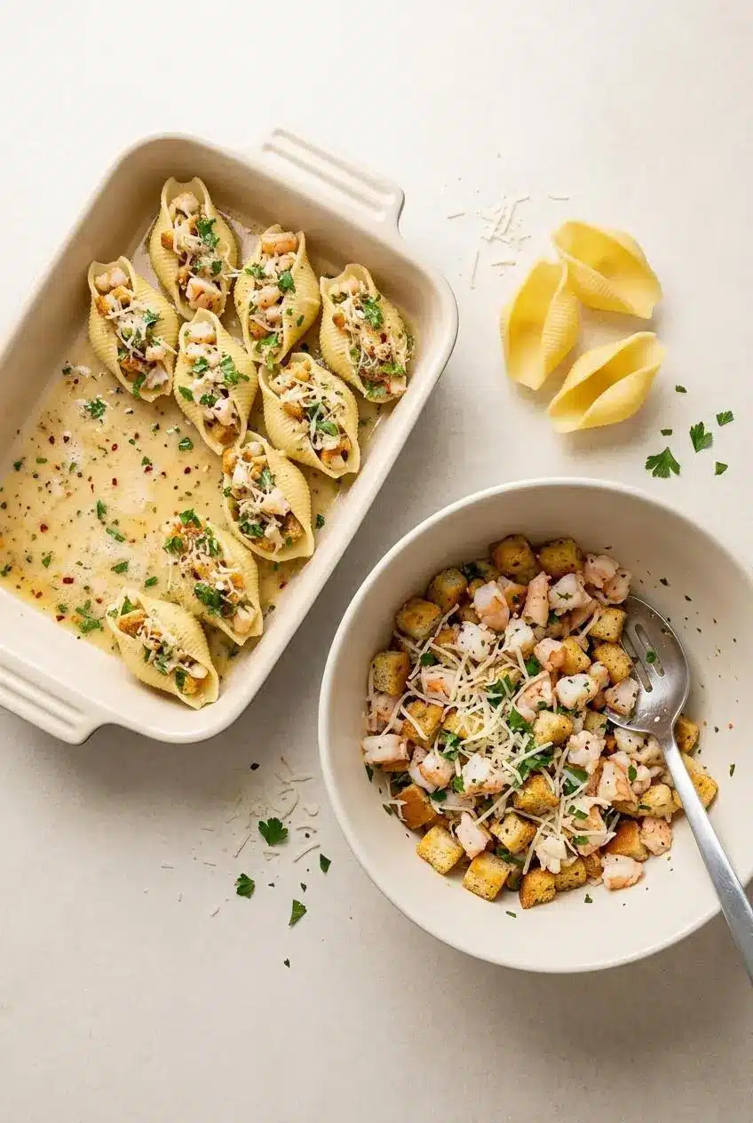 Overhead view of shrimp and toasted bread filling in a mixing bowl with a slotted spoon next to half-stuffed shells.