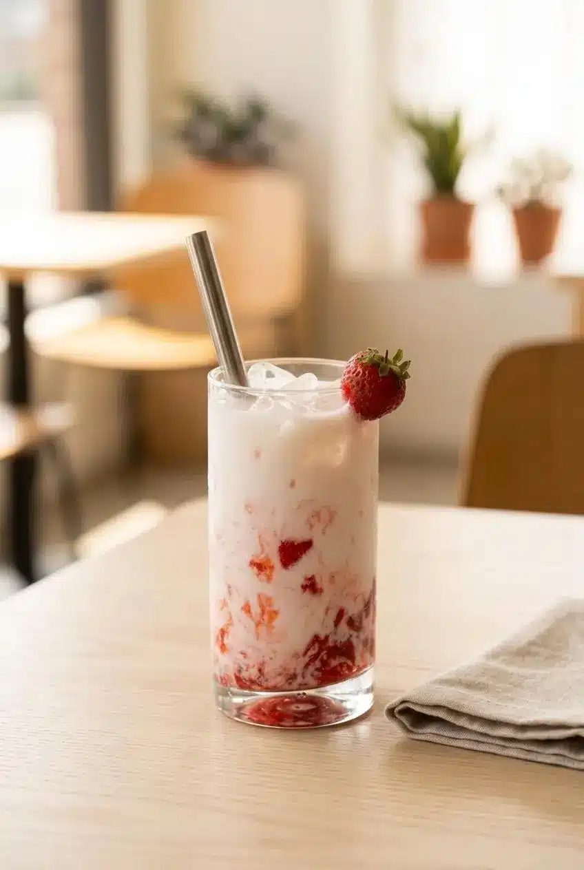 Glass of Korean strawberry milk with a boba straw and ice cubes on a wooden cafe table.
