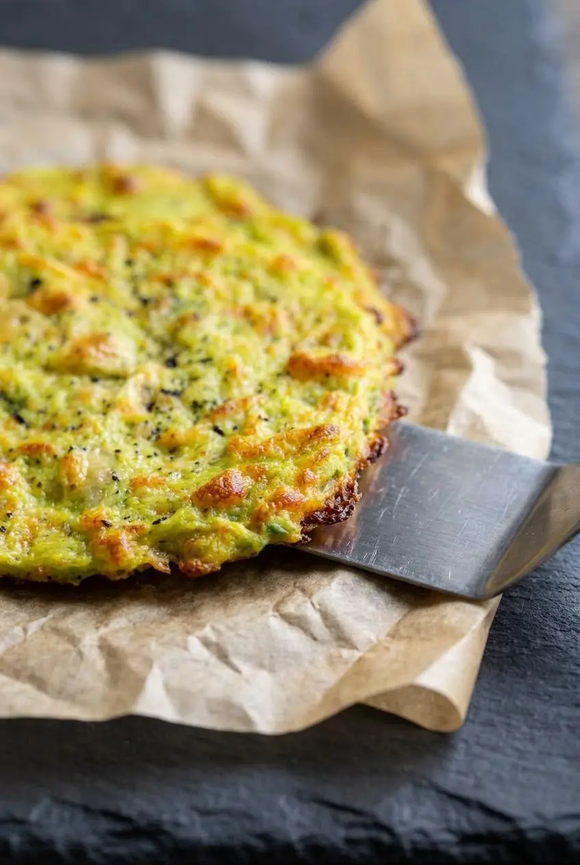 Metal spatula lifting a cooled avocado bread round with crisp browned mozzarella edges off parchment paper.