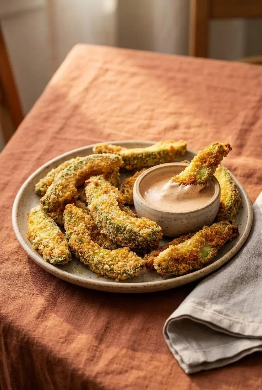 Golden panko avocado fries served on a terracotta linen table with a ramekin of chipotle ranch dipping sauce