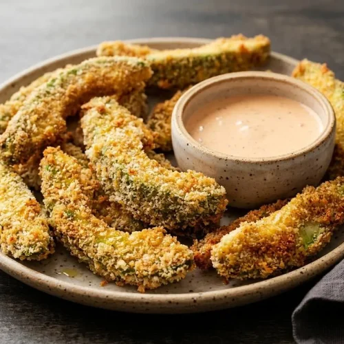 Baked avocado wedges from this avocado fries recipe with a golden panko crust and creamy green interior