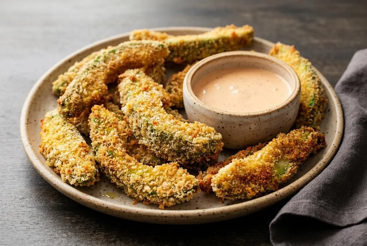 Baked avocado wedges from this avocado fries recipe with a golden panko crust and creamy green interior