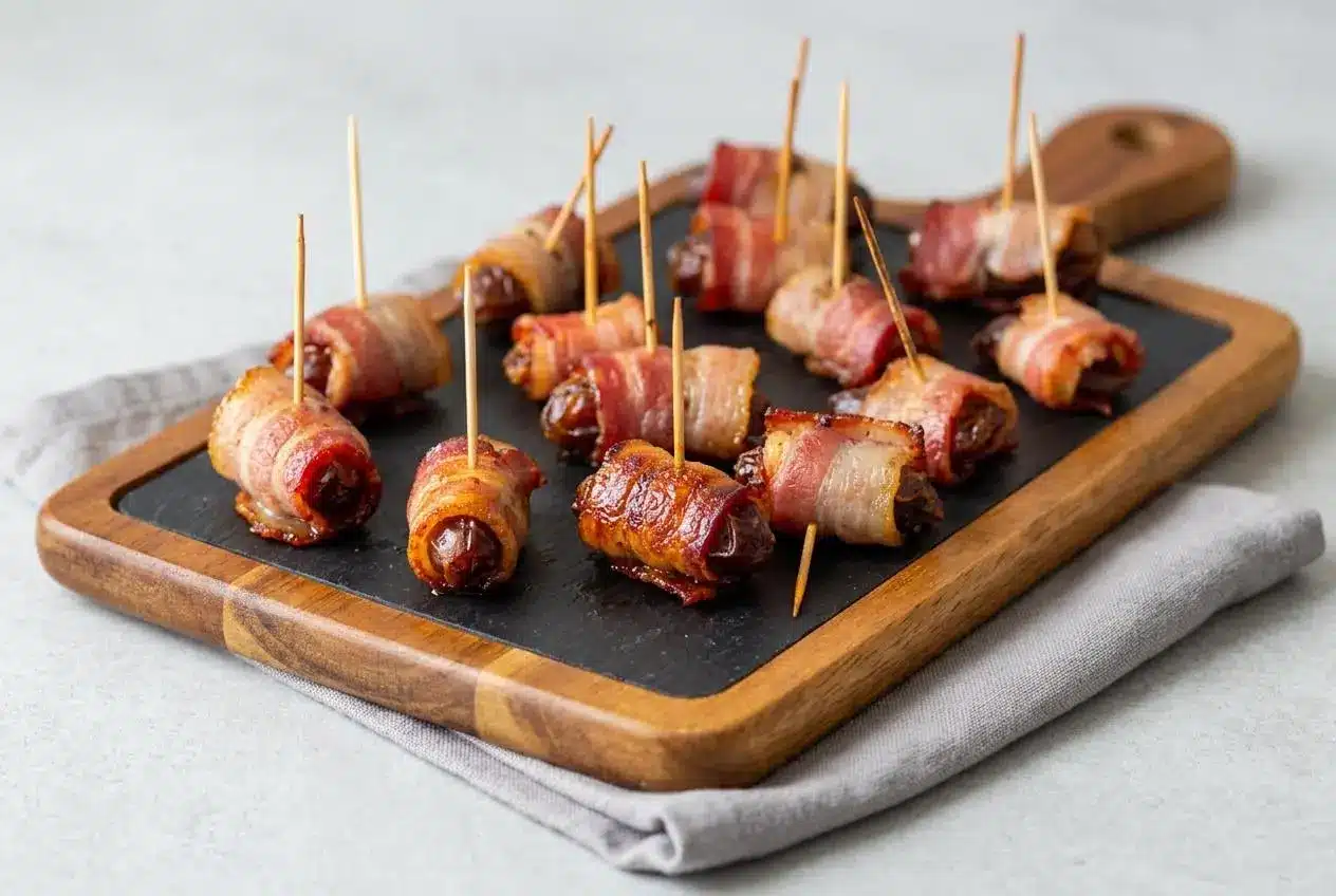 Bacon Wrapped Dates baked crisp with caramelized edges and secured with wooden toothpicks on a platter.