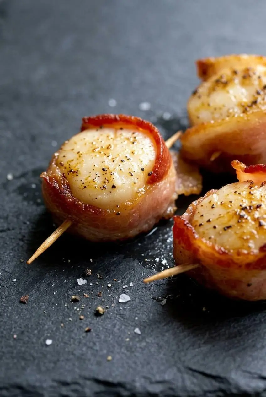 Close-up of two baked sea scallops wrapped in crispy golden bacon with coarse salt and cracked black pepper on dark slate.