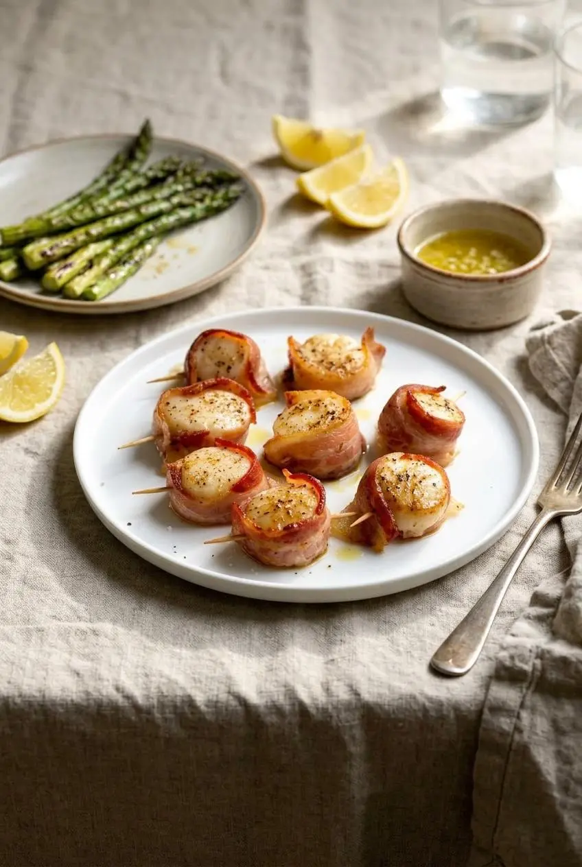 Platter of bacon wrapped scallops served with fresh lemon wedges, melted lemon garlic butter, and roasted asparagus.